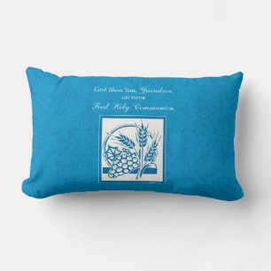 Grandson First Communion Blue, Wheat, Grapes Lumbar Pillow