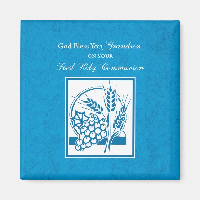 Grandson First Communion Blue, Wheat, Grapes Magnet (Front)