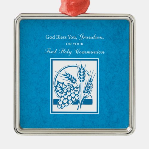 Grandson First Communion Blue Wheat Grapes Metal Ornament