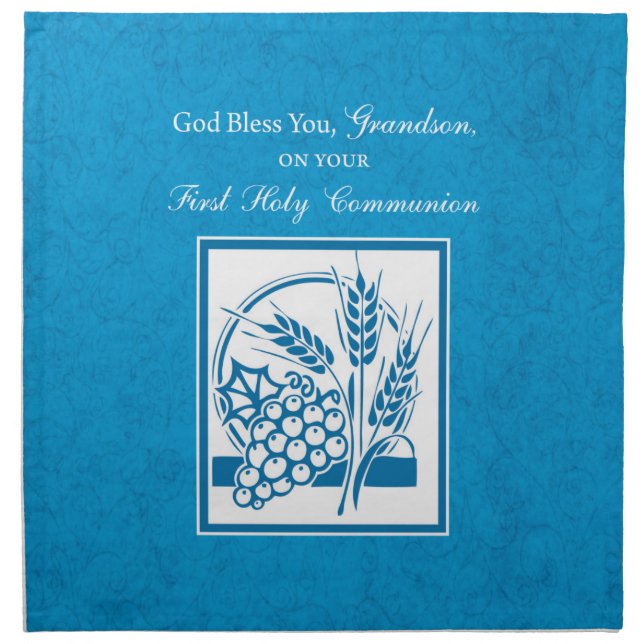 Grandson First Communion Blue, Wheat, Grapes Napkin (Front)