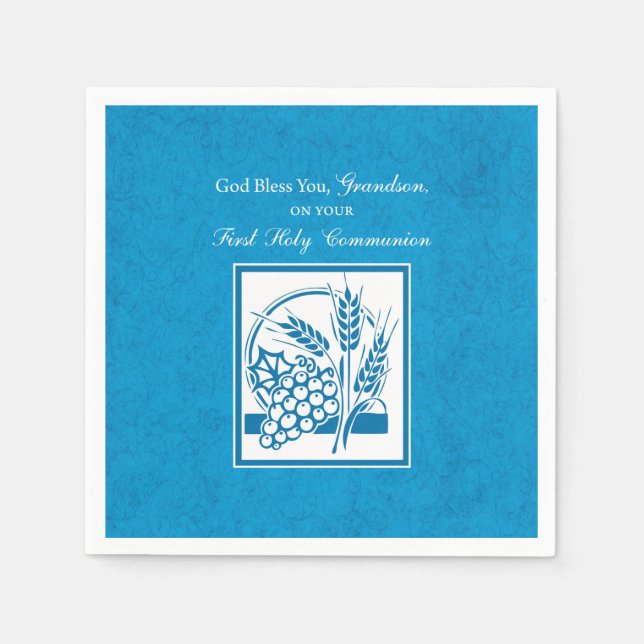 Grandson First Communion Blue, Wheat, Grapes Paper Napkins (Front)