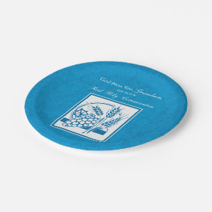 Grandson First Communion Blue, Wheat, Grapes Paper Plates