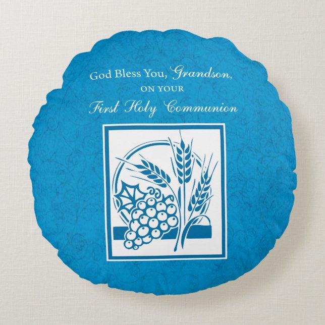Grandson First Communion Blue, Wheat, Grapes Round Pillow (Front)