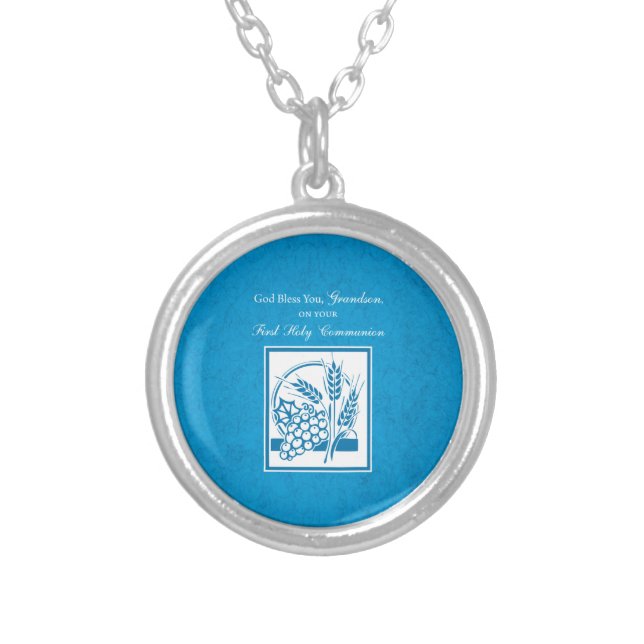 Grandson First Communion Blue, Wheat, Grapes Silver Plated Necklace (Front)