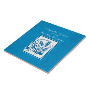 Grandson First Communion Blue, Wheat, Grapes Tile
