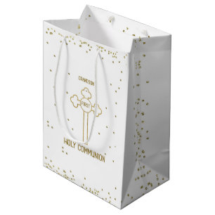 Grandson First Holy Communion Gold Look Cross Medium Gift Bag