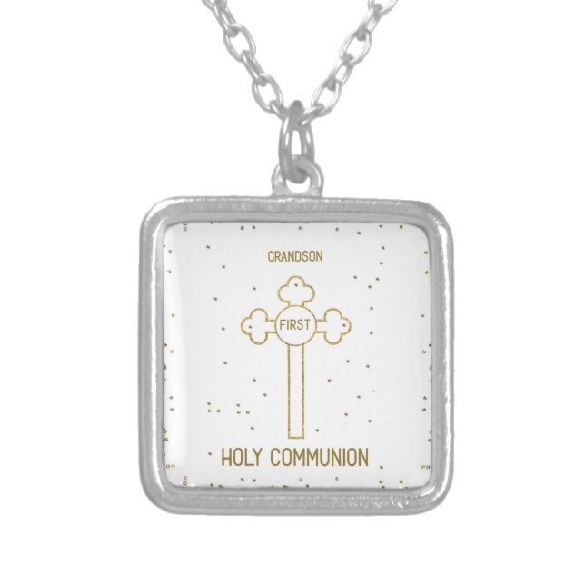 Grandson First Holy Communion Gold Look Cross Silver Plated Necklace (Front)
