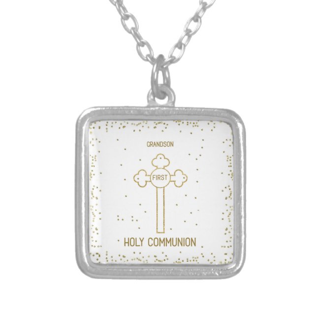 Grandson First Holy Communion Gold Look Cross Silver Plated Necklace (Front)