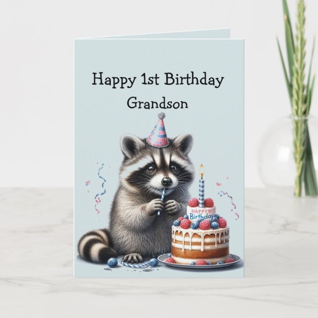 Grandson Fun Raccoon 1st Birthday  Card (Front)