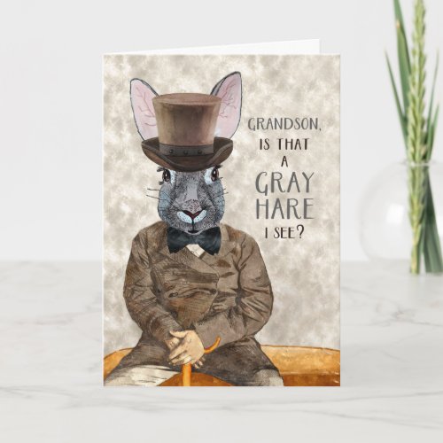 Grandson Funny Birthday Hipster Rabbit Gray Hare Card