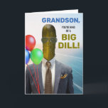 Grandson Funny Birthday Kind of a Big Dill Pickle Card<br><div class="desc">Grandson,  You're kind of a Big Dill! Funny birthday,  paper greeting card with a photo of a dill pickle wearing a suit and tie,  and sunglasses. Food themed pun greeting card. Customize the cover and interior birthday message as desired. Art,  image,  and verse copyright © Shoaff Ballanger Studios,  2025.</div>