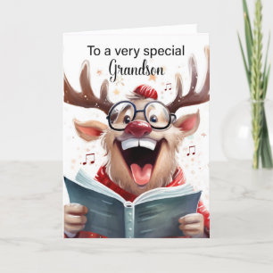 Grandson Funny Christmas Reindeer Singing Letterpress Thank You Card