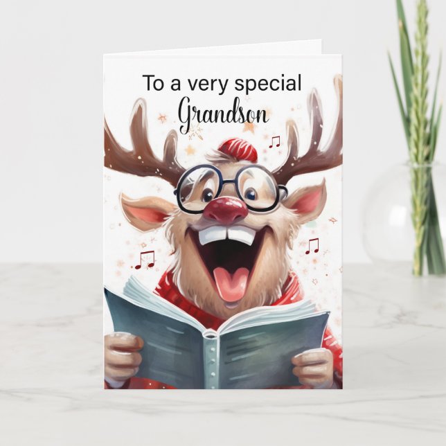 Grandson Funny Christmas Reindeer Singing  Thank You Card (Front)