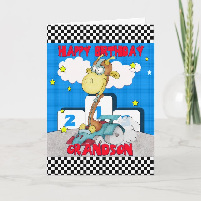 Grandson Giraffe Birthday Card - Racing Giraffe (Front)