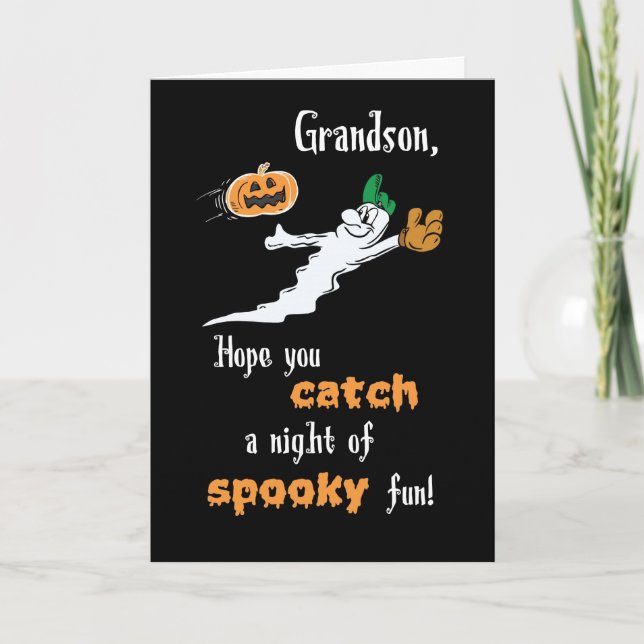 Grandson Halloween Baseball Ghost with Pumpkin Card (Front)