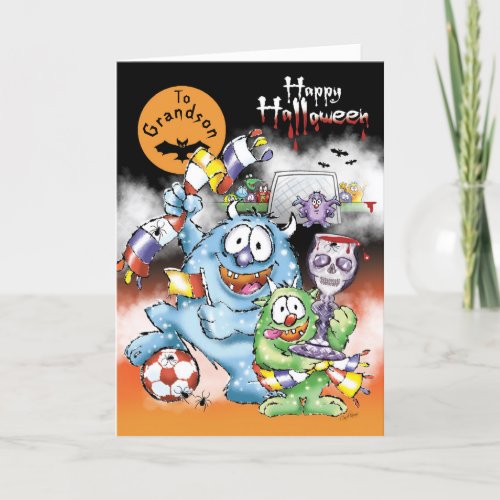 Grandson Halloween Monsters with soccer ball Card