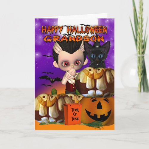 Grandson Halloween vampire cat pumpkin jack o lant Card