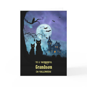 Grandson Halloween with Cute Owl Cats Bats  Card