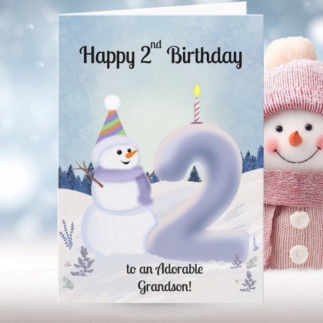 Grandson Happy 2nd Birthday Snowman Building Card (Creator Uploaded)