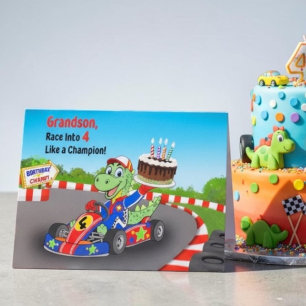 Grandson Happy 4th Birthday Dinosaur Race Car  Card