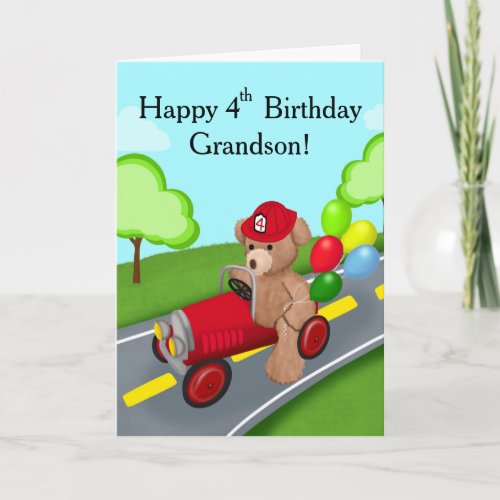 Grandson Happy 4th Birthday Teddy Bear Firetruck Card