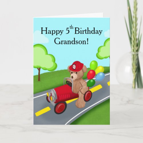 Grandson Happy 5th Birthday Teddy Bear Firetruck Card