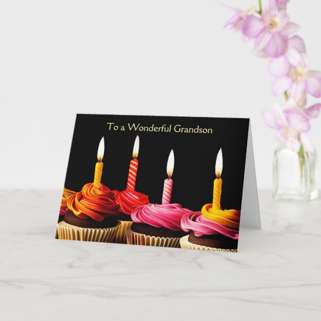 Grandson Happy Birthday Cupcakes and Candles Card (Orchid)