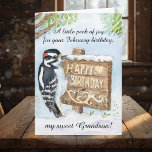 Grandson Happy February Birthday Woodpecker Card<br><div class="desc">Playful yet heartfelt,  this birthday card for a grandson highlights a hand-painted Downy Woodpecker busily pecking out a wooden Happy Birthday sign adorned with a small heart. The watercolor and pen artwork brings a fun,  nature-loving spirit to his special day.</div>