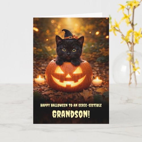 Grandson Happy Halloween Cute Black Kitten Cat Card