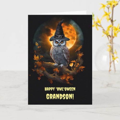 Grandson Happy Halloween with Owl and Warlock Hat  Card