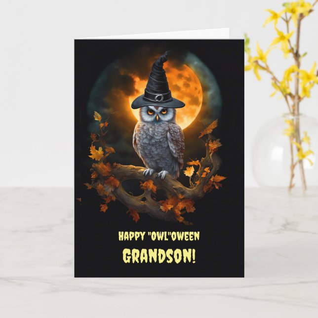 Grandson Happy Halloween with Owl and Warlock Hat  Card (Yellow Flower)