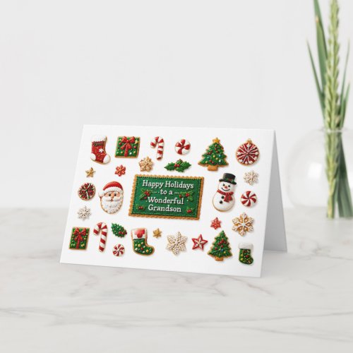 Grandson Happy Holidays with Cute Cookies Xmas Card