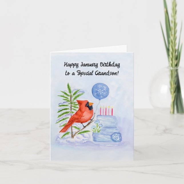 Grandson Happy January Birthday Cardinal Cake Card (Front)