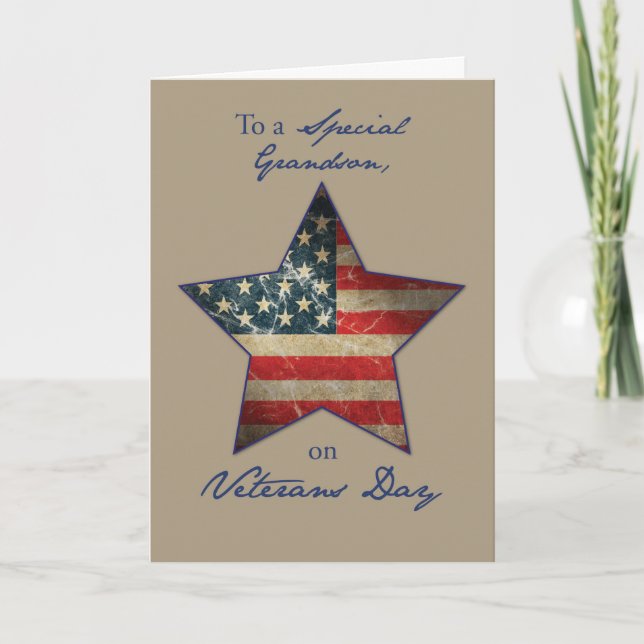 Grandson, Happy Veterans Day, Old Flag Star Thank You Card (Front)