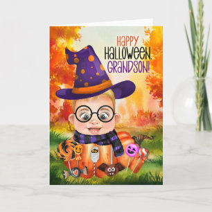 Grandson Little Wizard Boy Pumpkin for Halloween Holiday Card