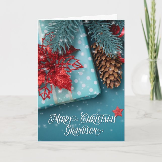 Grandson Merry Christmas Cheer Blue and Red Holiday Card (Front)