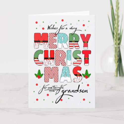 Grandson Merry Christmas Decorated Lettering Holiday Card