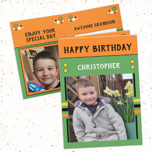 Grandson name photo green kids birthday card