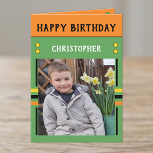 Grandson name photo green kids birthday card