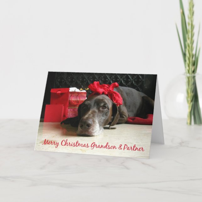 Grandson & Partner merry christmas pointer and gif Holiday Card (Front)
