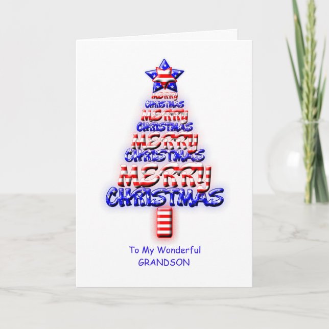 Grandson, patriotic Christmas tree Holiday Card (Front)