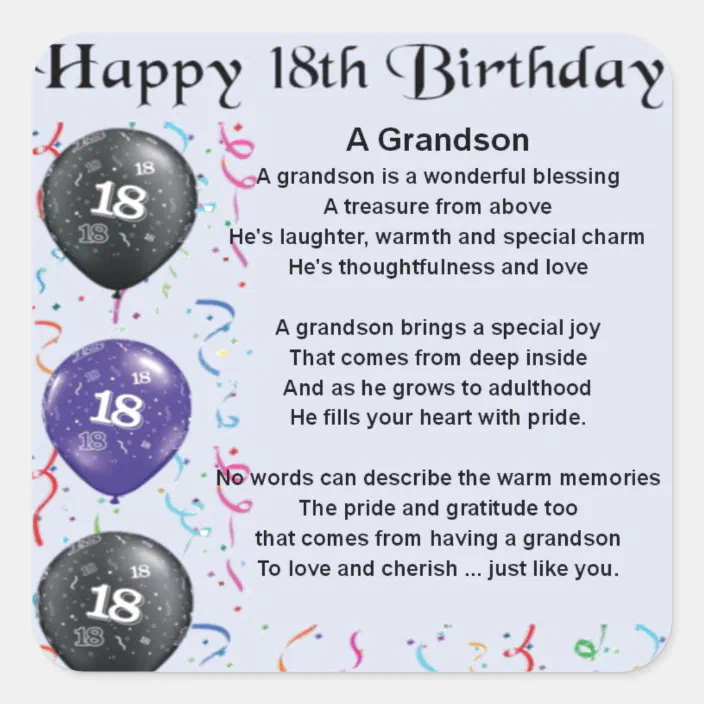 Grandson Poem 18th Birthday Square Sticker Zazzle Com