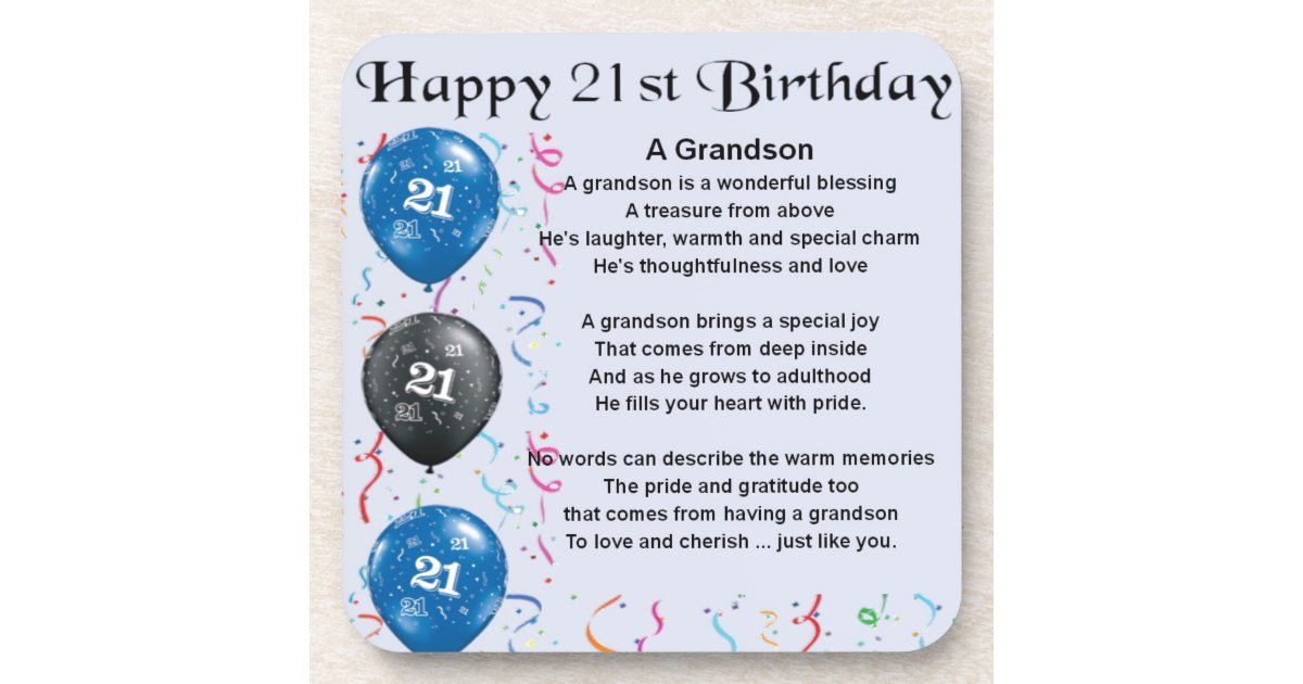 Grandson Poem 21st Birthday Beverage Coaster Zazzle 