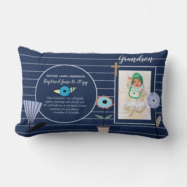 Grandson POEM Baptism PHOTO Navy Blue Flowers Lumbar Pillow (Front)