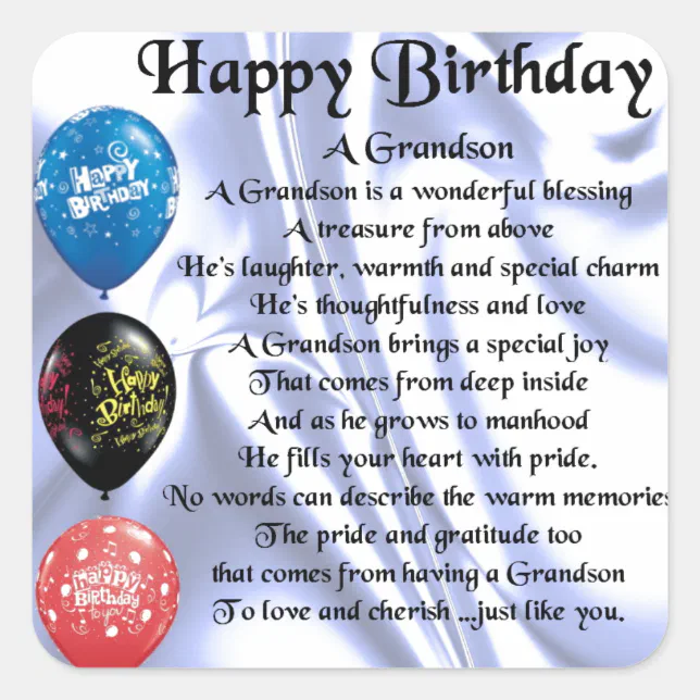 Grandson Poem Happy Birthday Square Sticker Zazzle