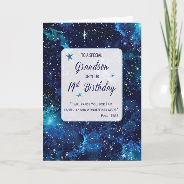 Grandson Religious 14th Birthday Stars in Galaxy Card (Front)