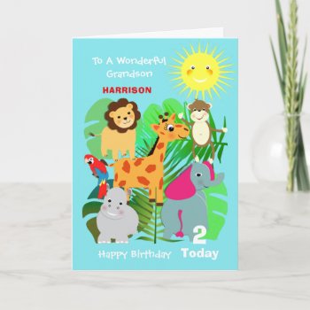 Grandson Safari Animals Cute Happy Birthday Card by Flissitations at Zazzle