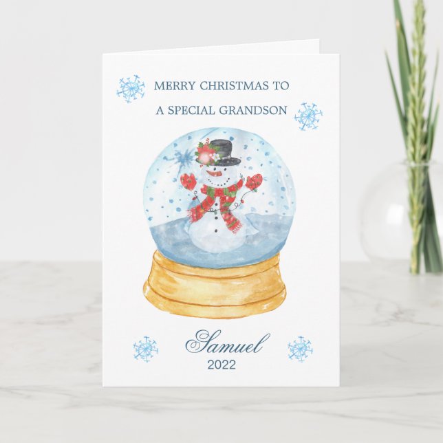 Grandson Snow Globe Snowman Christmas  Holiday Card (Front)