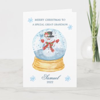 Grandson Snow Globe Snowman Christmas Holiday Card by IrinaFraser at Zazzle