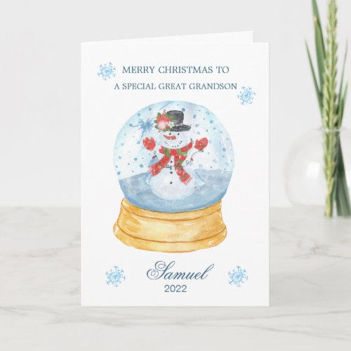 Grandson Snow Globe Snowman Christmas Holiday Card
